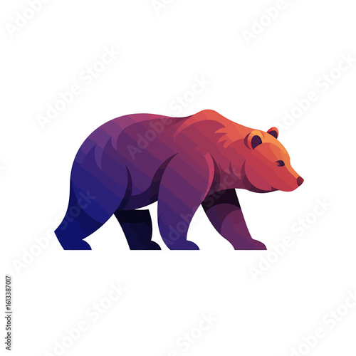 Grizzly Bear's Silhouette: A majestic grizzly bear, illustrated in a modern, minimalist style, stands in a dynamic pose, with vivid gradient colors representing the raw power and beauty of the wild.