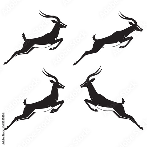 Black gazelles leaping gracefully across a white background antelope jumping