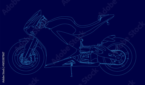A sleek motorcycle blueprint features detailed contours and dynamic curves on a vibrant blue background. The white outline contrasts sharply with the blue, emphasizing the bike's aerodynamic design.
