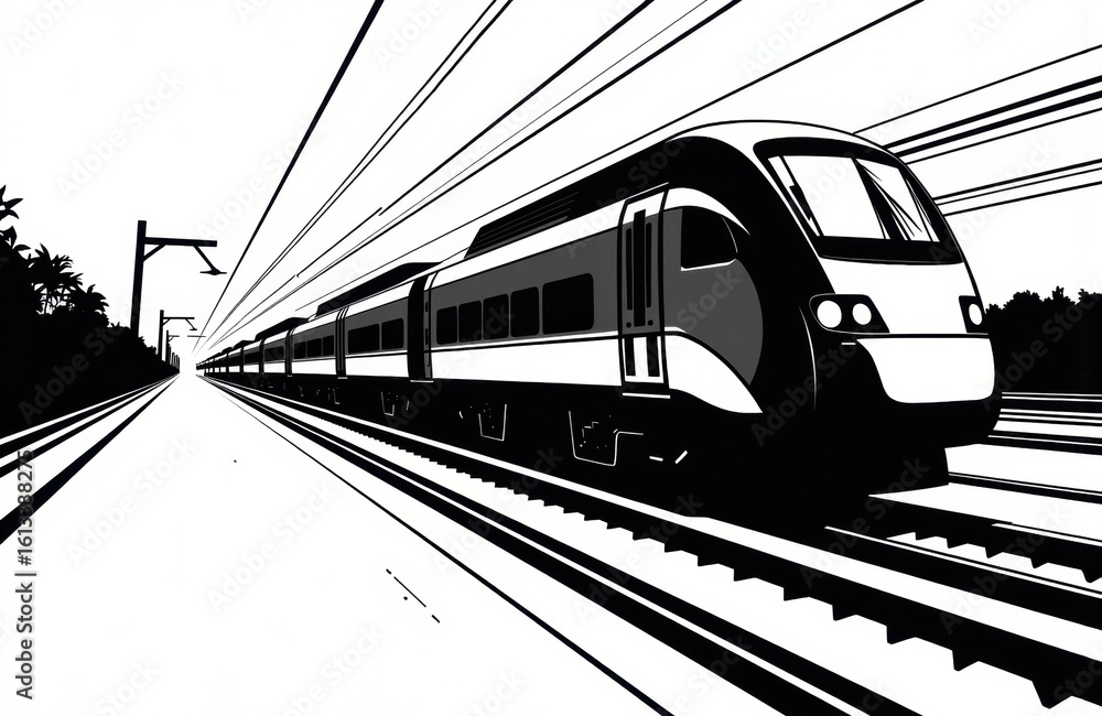 Naklejka premium High-speed train traveling along railway tracks in a modern transportation scene