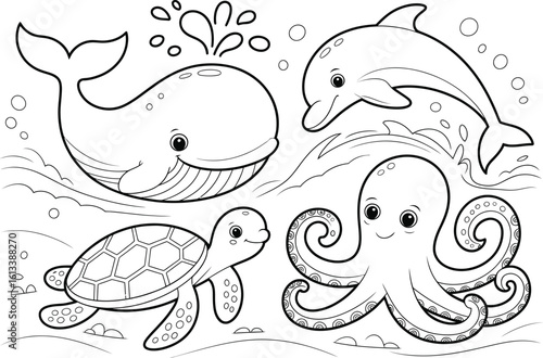 Line art of whale dolphin turtle and octopus in an underwater environment