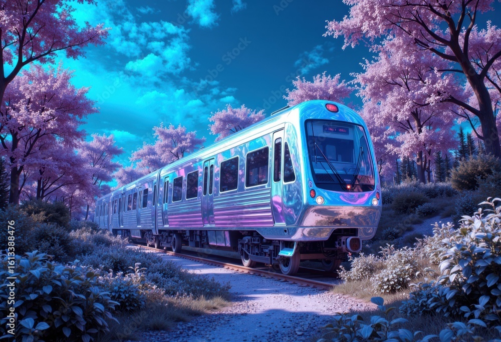 Fototapeta premium Modern train traveling through a vibrant, colorful landscape with blooming trees and a bright sky
