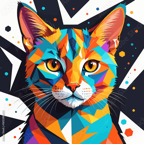 Colorful Geometric Cat: A vibrant, geometric depiction of a domestic cat, featuring a mosaic of colors and shapes, creating a modern and artistic interpretation of a beloved pet.