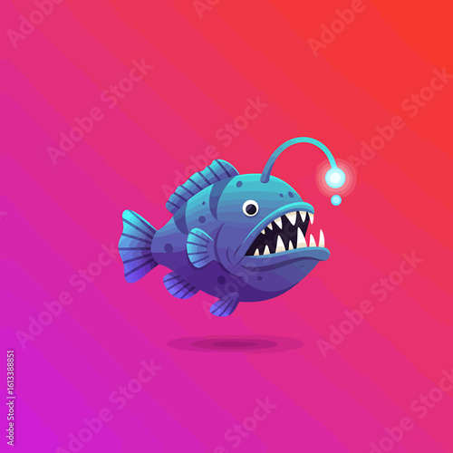 Anglerfish Cartoon: A cartoon anglerfish illustration against a vibrant gradient background, featuring sharp teeth, glowing lure, and dynamic details.