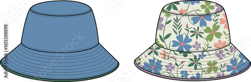 CAD drawing flat vector illustration of two bucket hats, one plain and one floral print, summer fashion accessory design mockup