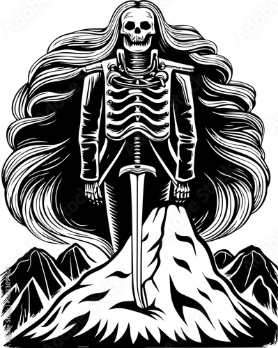 SVG of a samurai skull and skeleton in a powerful detailed tattoo style. Skeleton Soldier with Long Hair Standing on Mountain Top Design