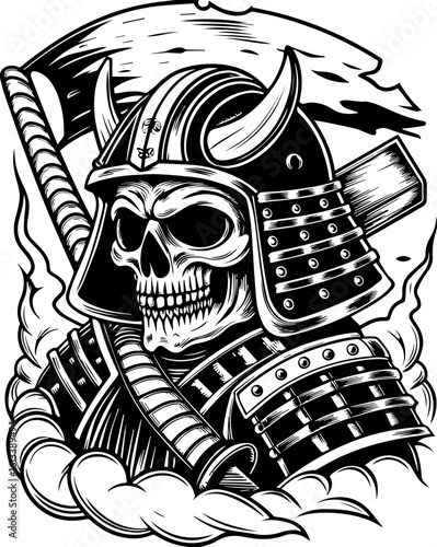SVG of a samurai skull and skeleton in a powerful detailed tattoo style. Skull Samurai Warrior with Axe and Flames in Bold Black and White Design