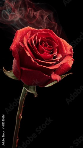 Beautiful red rose with dew and wisps of smoke captured in stunning detail