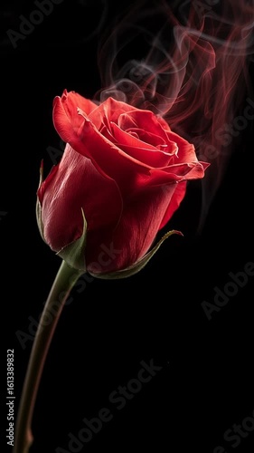 Stunning red rose with delicate smoke drifting above in dark background