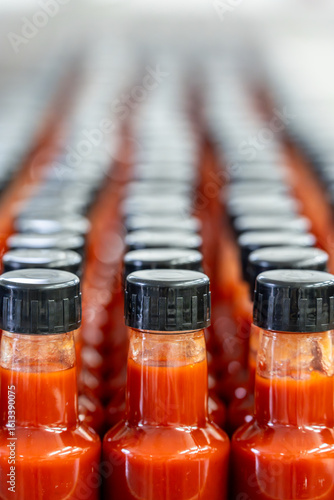 Rows of identical hot sauce bottles waiting on conveyor belt