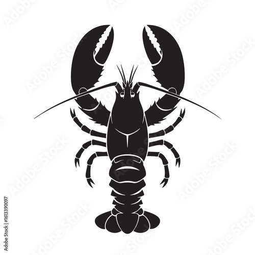 Black lobster silhouette with large claws and segmented body crustacean seafood