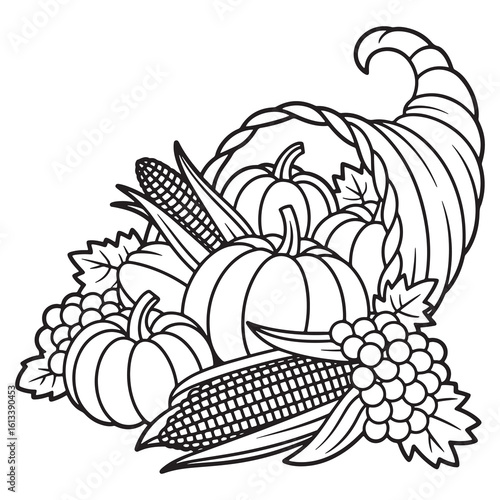 Thanksgiving Cornucopia Coloring Page – Abundant Harvest with Pumpkins, Corn, and Fall Produce – Autumn Holiday Line Art for Kids and Crafts


