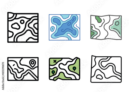 A collection of six different icon images representing topographical maps and terrain