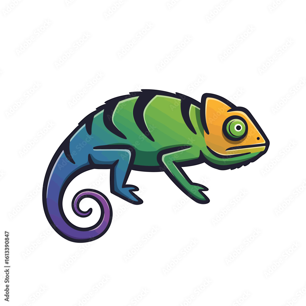 Fototapeta premium Vibrant Chameleon Illustration: A captivating chameleon illustration, with its dynamic color palette, presents itself in a whimsical style. The intricate design is enhanced with soft shading