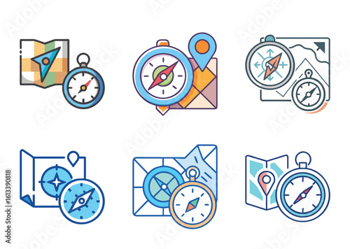 Colorful Map and Compass Icon Set for Navigation and Exploration