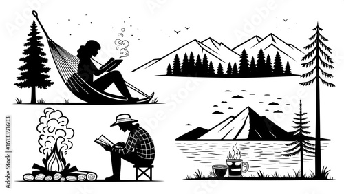 Flat black-and-white illustrations of relaxing outdoor moments, like sitting by the fire, reading in a hammock, making coffee at camp, or watching a sunset. Each scene is reduced to its essential line