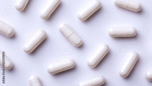 Many white capsules on a light gray background