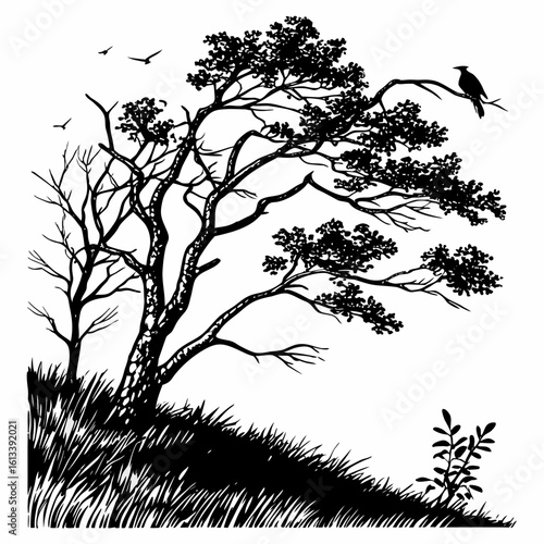 Silhouette of a lone bird perched on a windswept tree branch with grass and flying birds