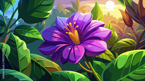 Close up of purple flower and green leaf in garden under summer sunlight reveals nature’s gentle beauty. Semi-realistic vector style captures each delicate curve glowing in warm golden light.