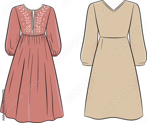Elegant long sleeve embroidered and plain modest dresses back and front view fashion cad drawing flat vector illustration for design