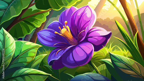Close up of purple flower and green leaf in garden under summer sunlight reveals nature’s gentle beauty. Semi-realistic vector style captures each delicate curve glowing in warm golden light.