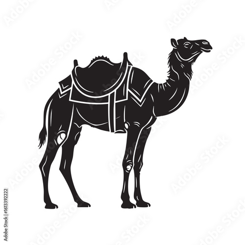 Black silhouette of a camel with saddle dromedary animal