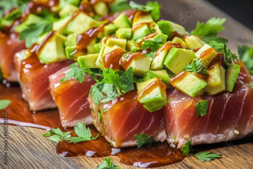 Delicious fresh sushi-grade tuna topped with avocado and drizzled with savory sauce, garnished with fresh herbs.