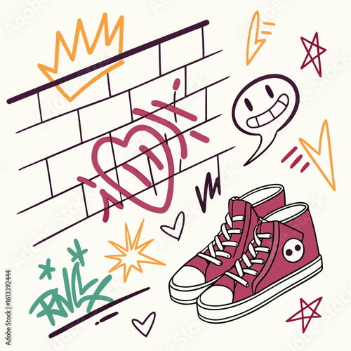 Graffiti art with sneakers and cartoon elements on a brick wall background