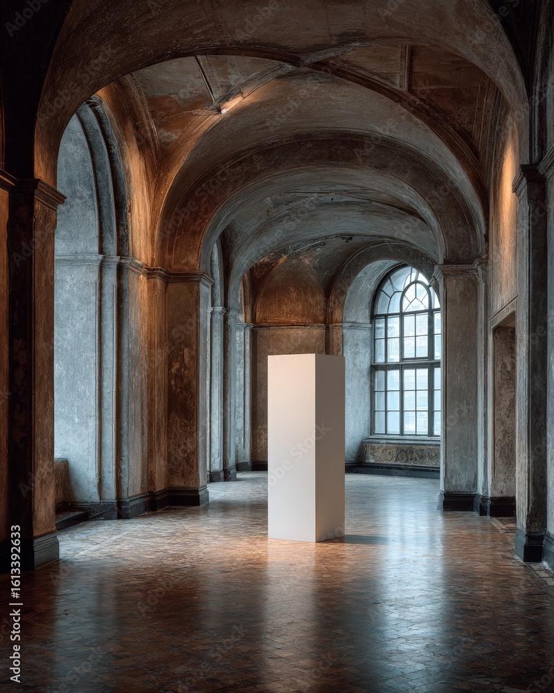 Fototapeta premium Tall white display plinth in empty arched hallway with aged walls