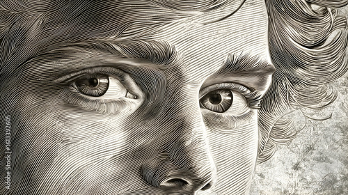 Close-up portrait, fine line art, detailed face, expressive eyes,  realistic depiction, monochrome, textured background,  artistic rendering