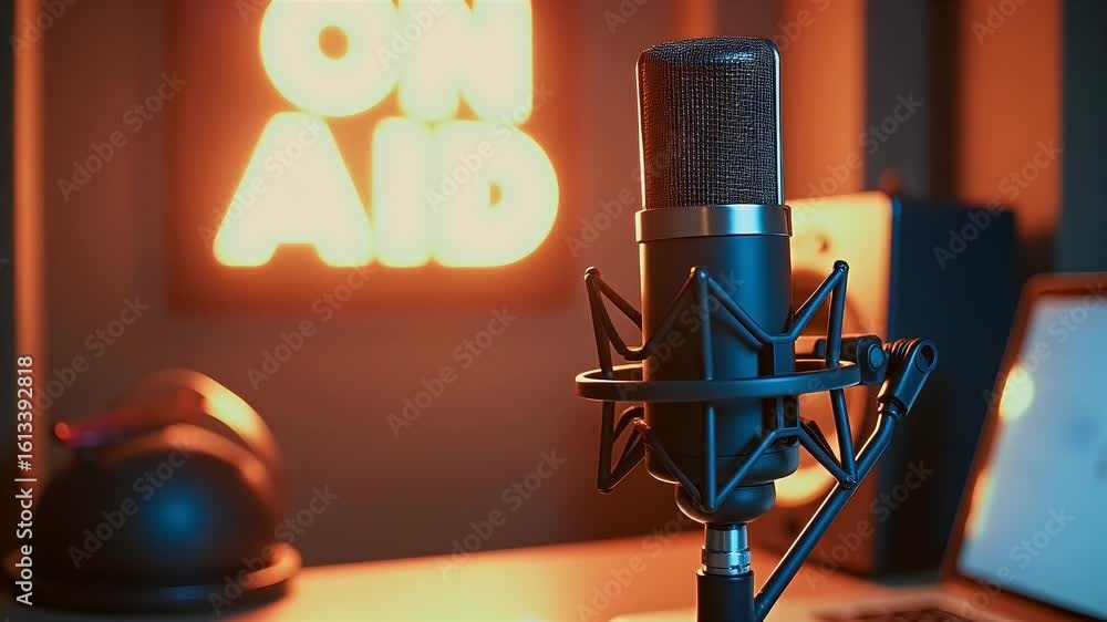 Studio close up pro condenser mic captures subtle diaphragm vibrations while glowing “ON AIR” sign pulses behind shot crystal clear K slow mo crafting instant intro podcasters radio jingles voice