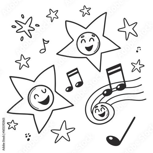 Happy cartoon stars singing and dancing with musical notes