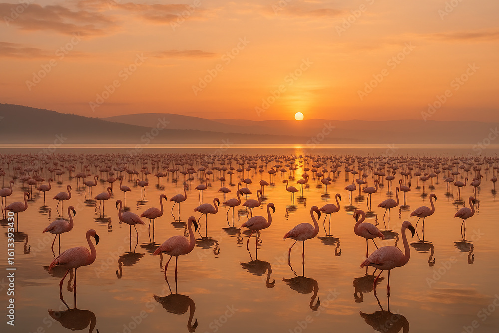 Naklejka premium Flamingos at Sunrise
