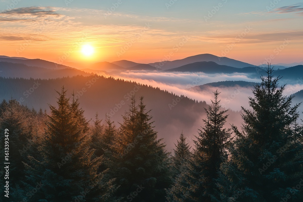Fototapeta premium Golden sunrise over misty mountain forest with layered hills and glowing fog