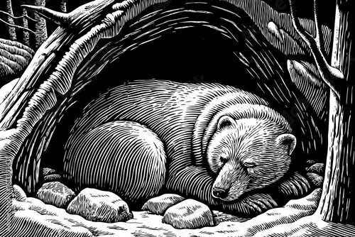 A bear sleeping deeply inside a cozy cave with curled body and peaceful face in winter, designed as a black and white line art illustration