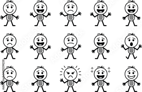 Fifteen stick figure characters showing different emotions and expressions