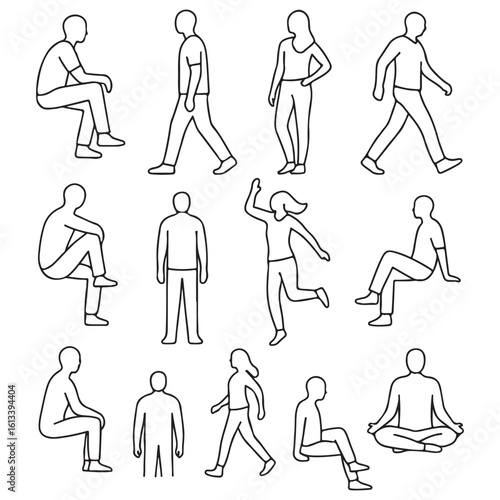 Set people outlines isolated on white background. Sitting, walking, dancing, etc. vector silhouette