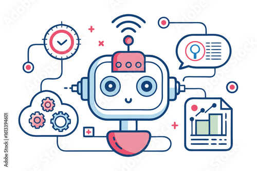 A friendly robot connected to data analysis charts and cloud computing with neural networks in modern design