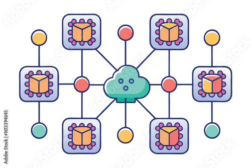A visual representation of interconnected cloud computing and data processing with neural networks concept.