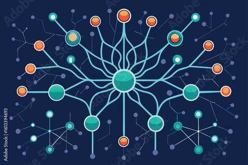 Abstract digital network design with interconnected nodes and connections illustrating data flow and neural networks
