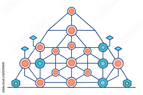 Abstract illustration of a complex network structure representing data analysis and interconnected neural networks on a white background