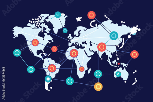 Abstract illustration of a global network depicting connectivity and communication with neural networks