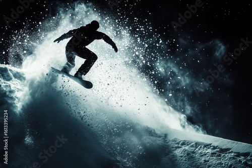 A silhouetted male snowboarder catches air over a snow-covered ramp, creating a dramatic spray of snow.