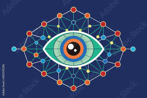 Artistic representation of an eye with neural networks connections in a stylish modern graphic design