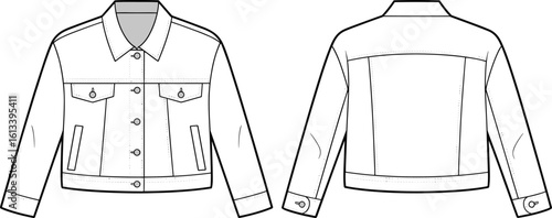 Stylish denim jacket front and back view, fashion CAD drawing, technical sketch, vector illustration, clothing design, flat template, outerwear