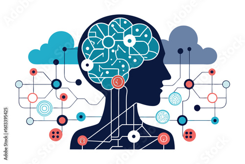 Conceptual illustration of artificial intelligence and neural networks depicted in a human silhouette with circuitry and cloud elements