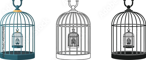 Vector birdcage illustration set with nested cages design elements and line art style