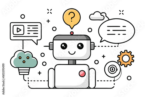 Cute cartoon robot with cloud and bubble graphic conceptualizing artificial intelligence processes and neural networks