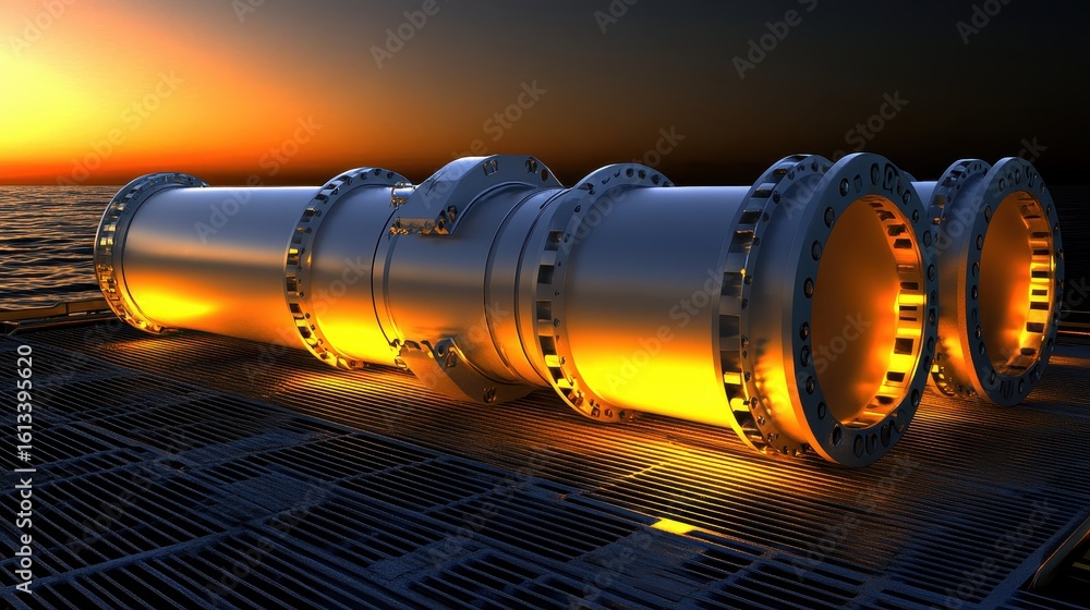 Obraz premium Industrial Pipeline Structure with Sunset Water Reflection
