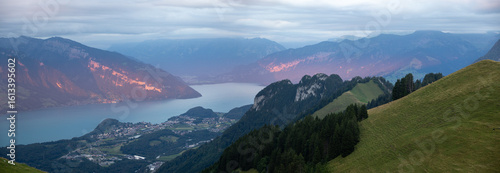 Swiss Alps Sunset Over Lake Thun Panorama